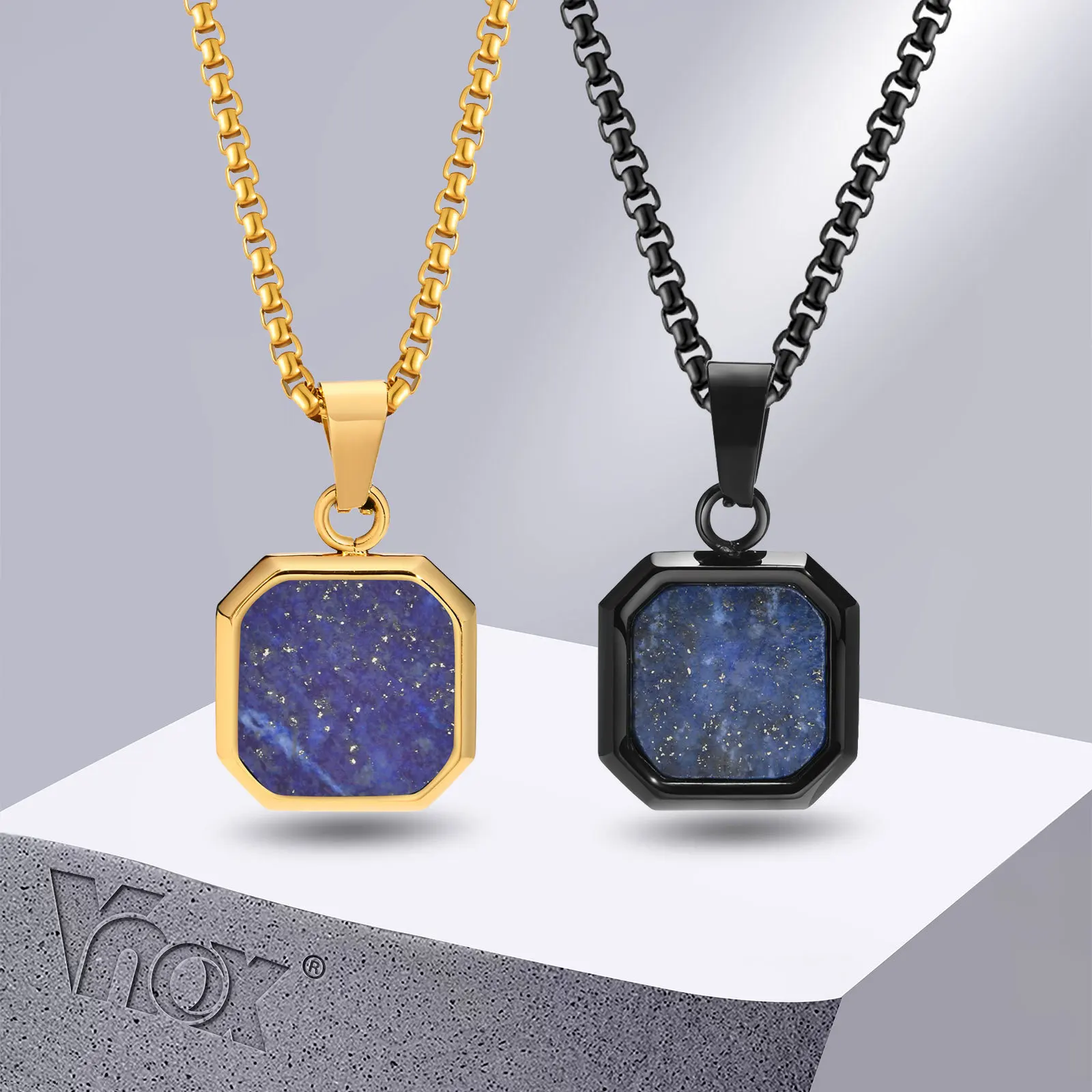 

Vnox 15mm Square Necklaces for Men, Geometric Natural Stone Shell Pendant with Box Chain, Casual Star Sky Male Boy Collar