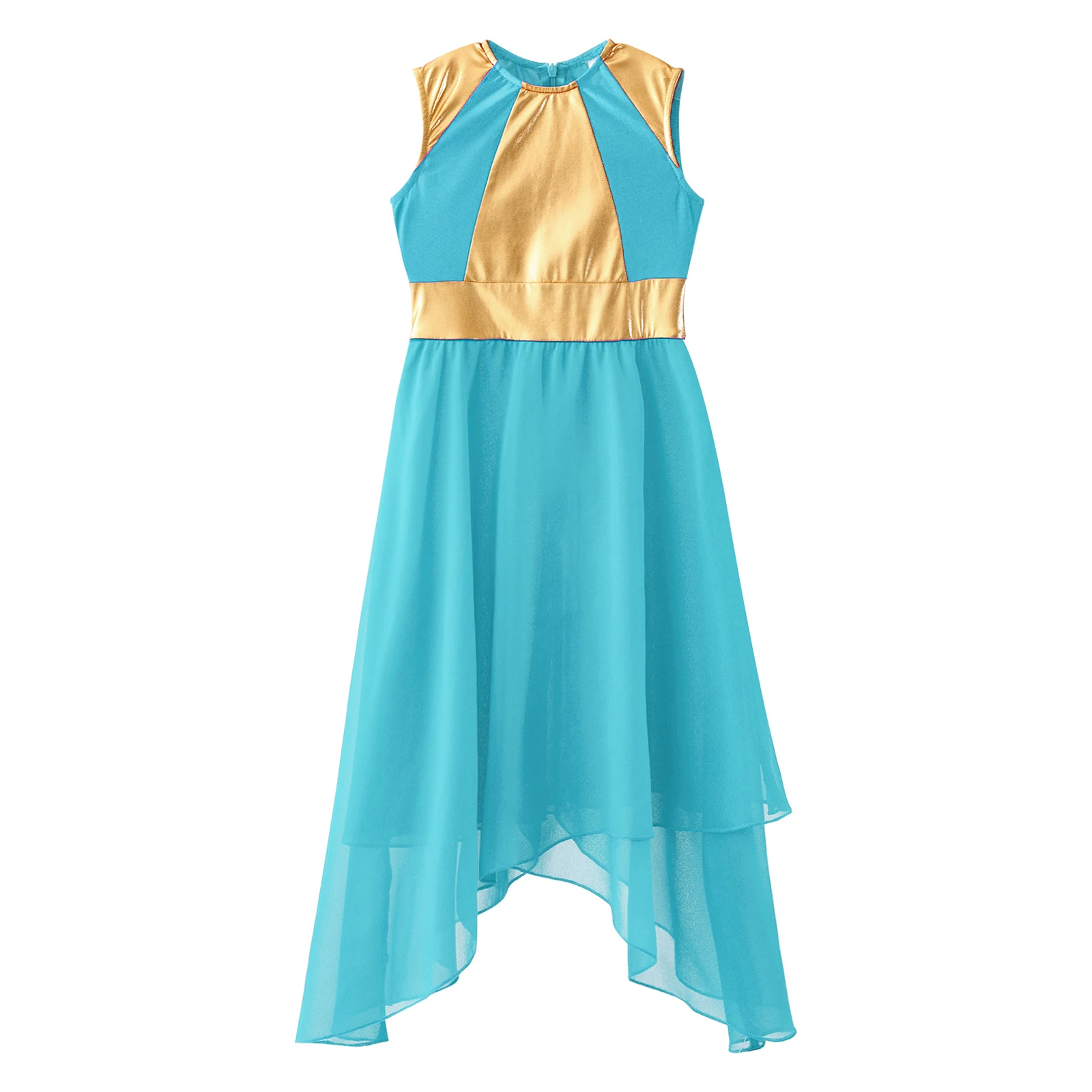 Kids Girls Liturgical Praise Ballet Choir Dress Zipper Back Shiny Bronzing Irregular Hem Lyrical Dance Dress Worship Costume