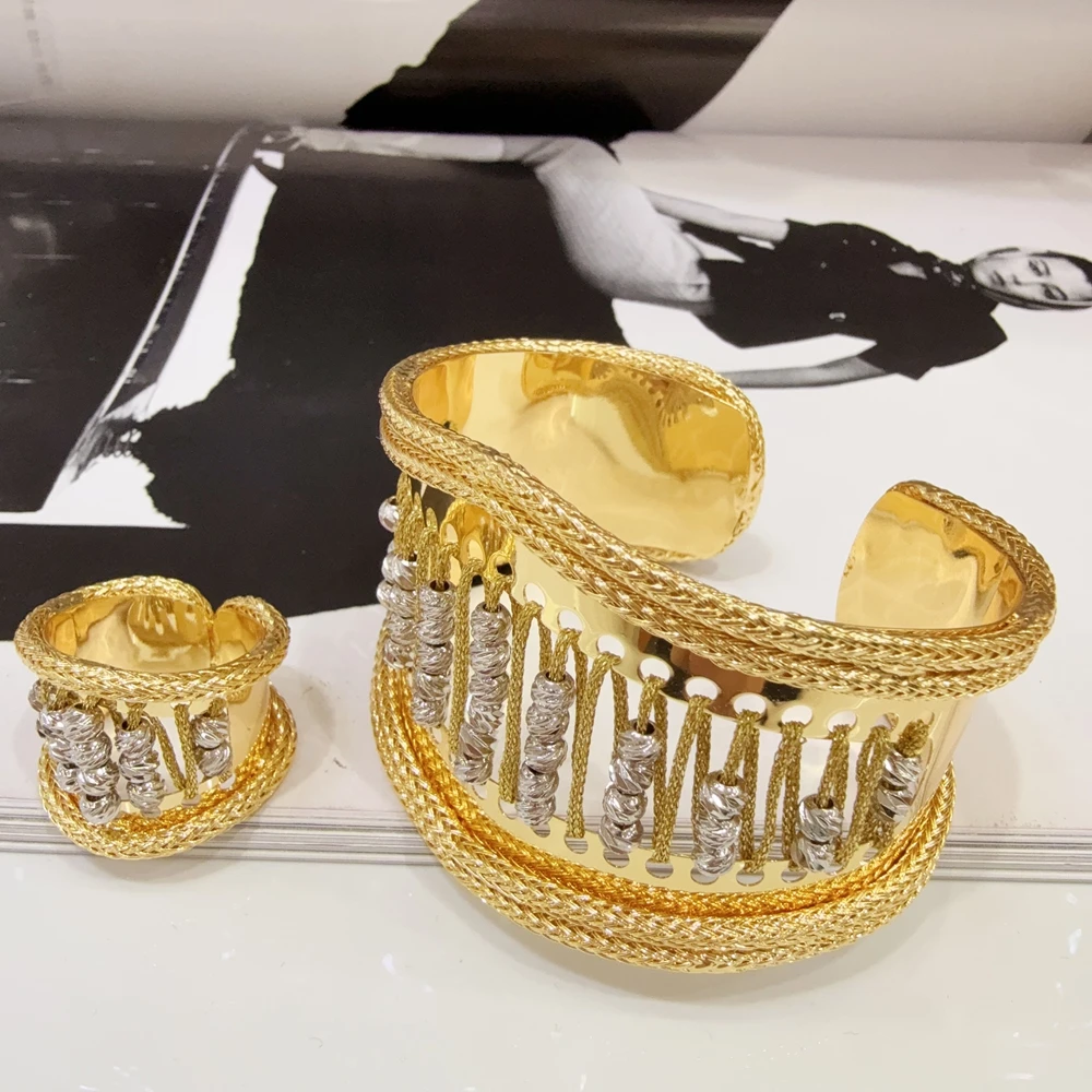 

Yuminglai Elegant Classic Design Trendy 2pcs Luxury Bangle Rings Dubai Gold-Plated Bangle Jewelry Set FHK22280
