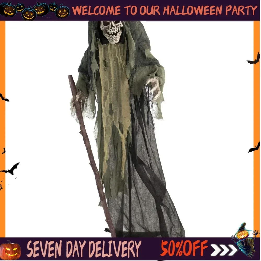 Outdoor Halloween Scary Skeleton Reaper Holding Staff Animatronic with Touch Activated Lights and Sound, Battery Operated Indoor