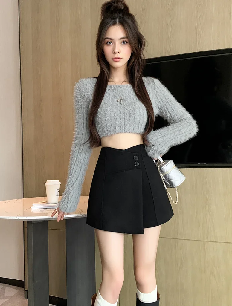 

Pop Black High Waist Irregular Wool Skirts Shorts For Women Autumn Winter Casual Thicken Wide Leg Boots Shorts Lady