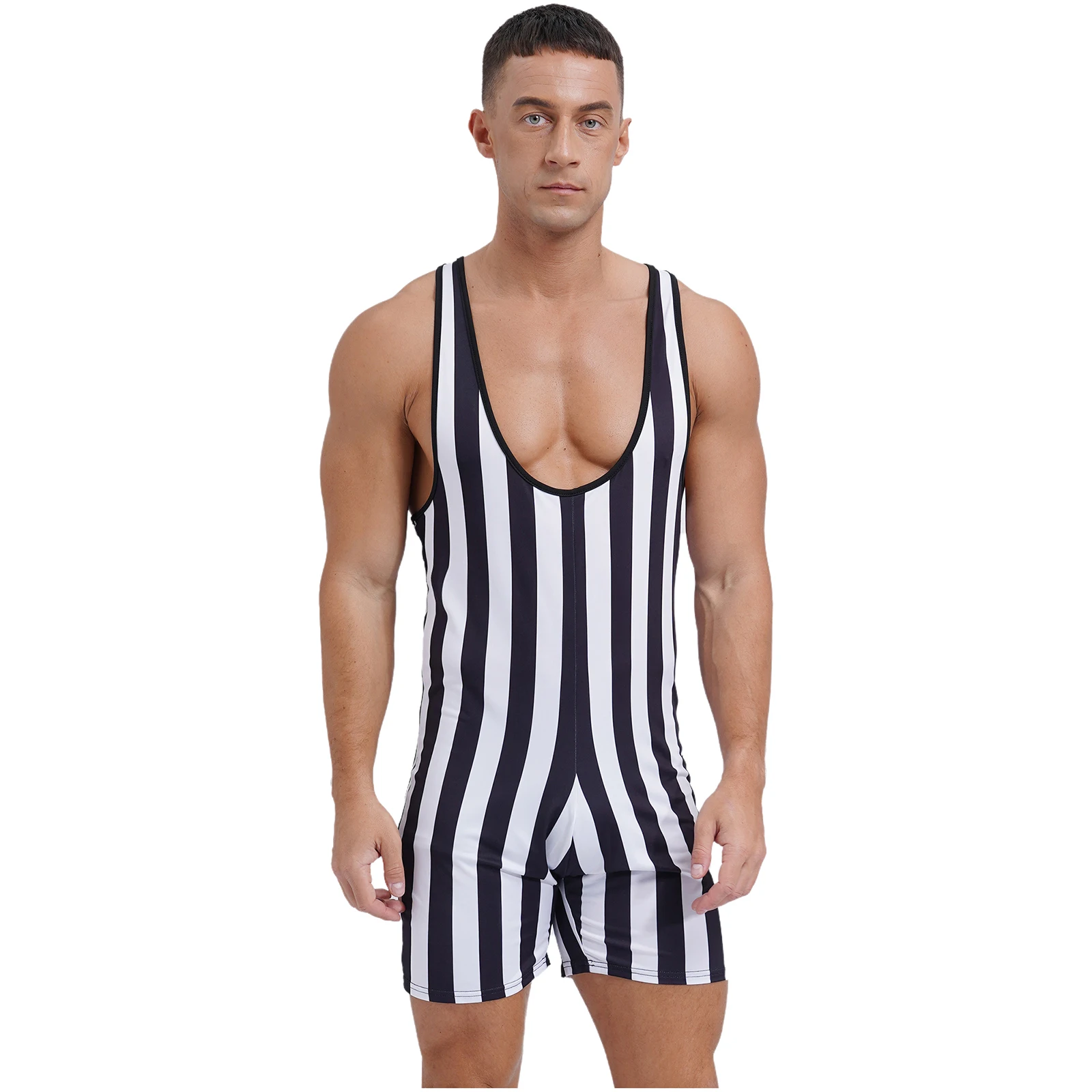 Mens Striped Wrestling Singlet Swimsuit One Piece Athletic Swimwear Slim Fit Boxer Shorts Rompers Bodybuilding Gym Bodysuit