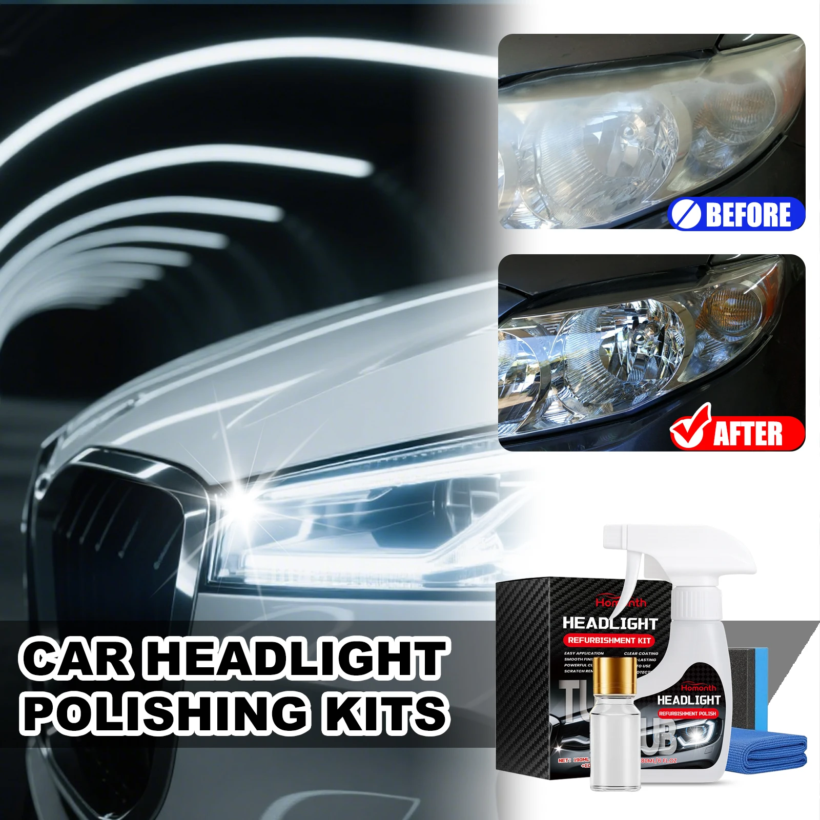HOMONTH Car Headlight Restoration Polishing Kits 180ml Polish Liquid10ml Coating Agent Headlamp Scratches Remover Car Care Tools