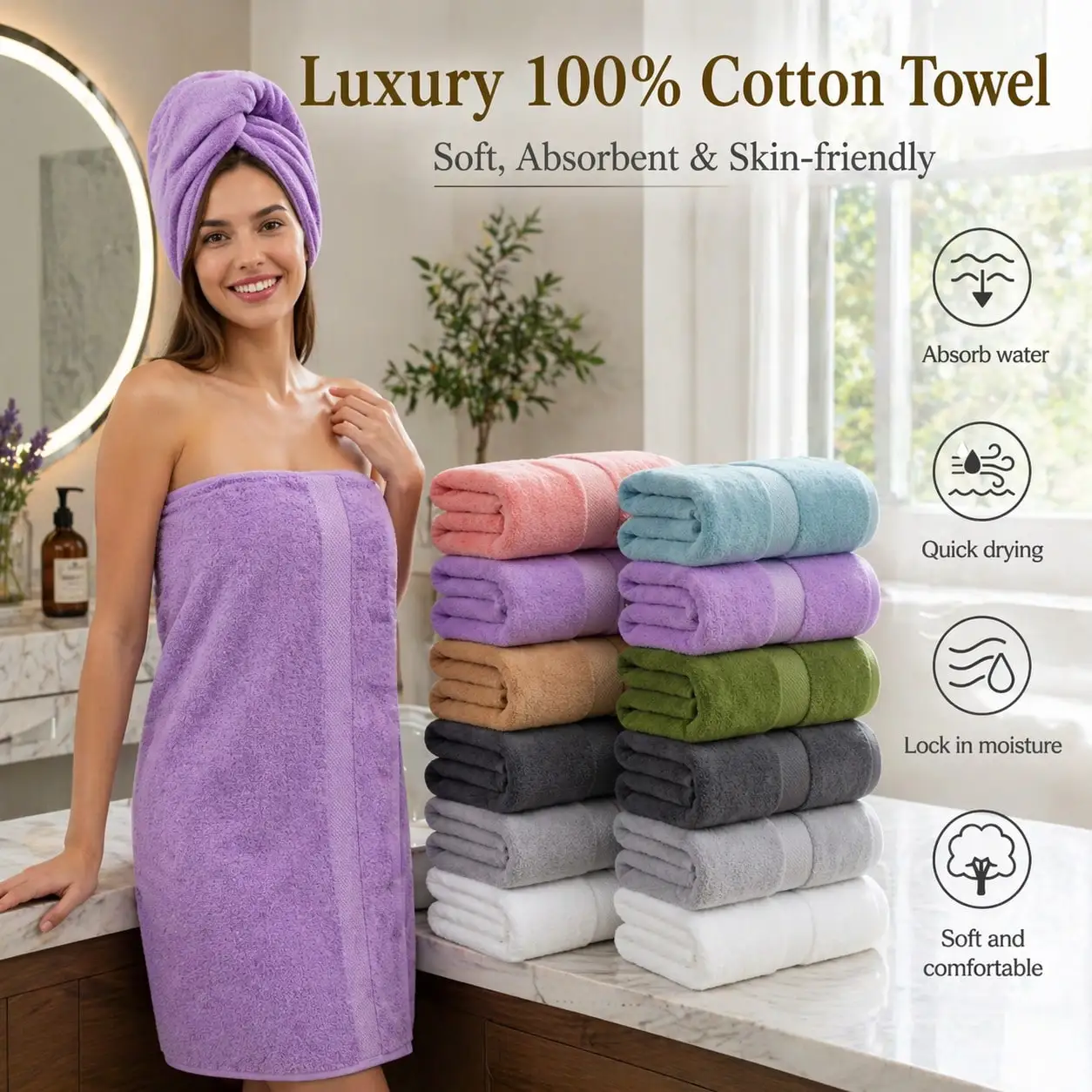 Set of 2 100% Cotton Bath Towels, 70×140 Cm, Highly Absorbent and Quick-Drying, Featuring a Stylish Embossed Design. Soft, Skin-