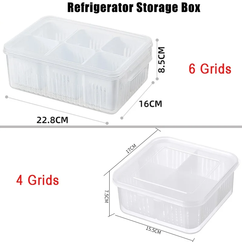 4/6 Grid Refrigerator Storage Box Food Vegetable Fruit Storage Box Fridge Organizer Drain Basket Meat Onion Ginger Clear Crisper