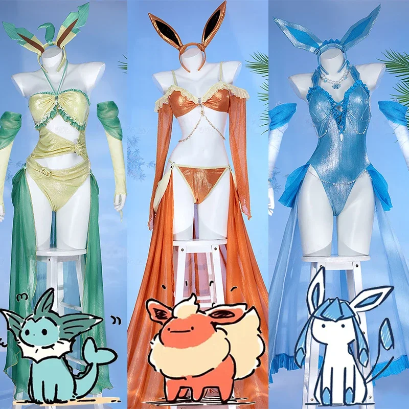 

2025 Anime Eevee Cosplay Costume Two Piece Halter Neck Bikini with Glove Headdress High Women's Waist Swimwear For Summer Party