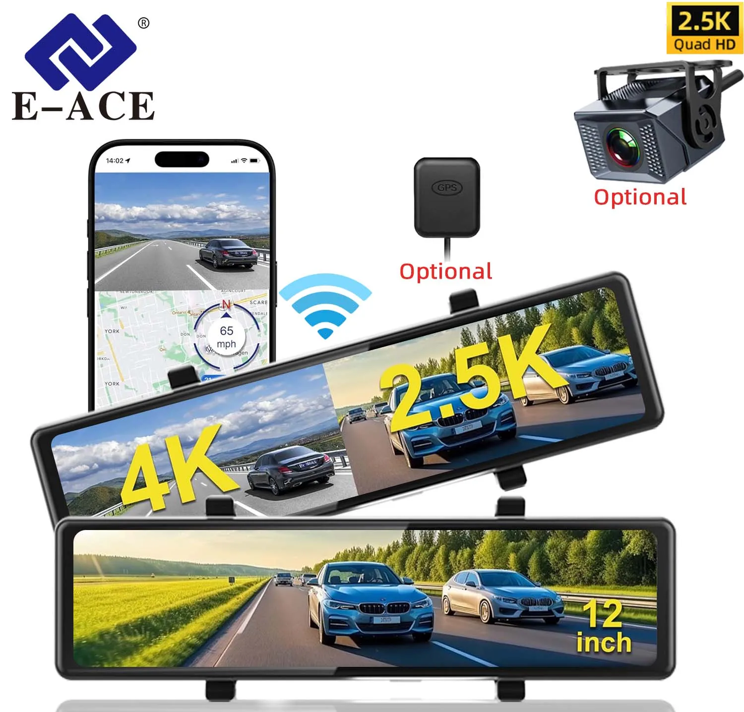 E-ACE Enregistreur de Conduite WiFi 4K avec Miroir, Caméra Avant 4K, Caméra Arrière 2.5K en Option, Capteur G, Mode Stationnement 24/7, Écran Tactile 12'', Application Gratuite