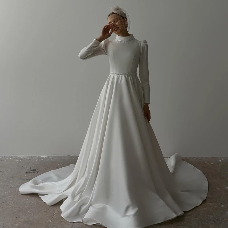Muslim High-Neck Wedding Dress Fully Satin With A-Line Vestido De Novia O-Neck Full Sleeve Bride Customized Sashes Robe De Mari
