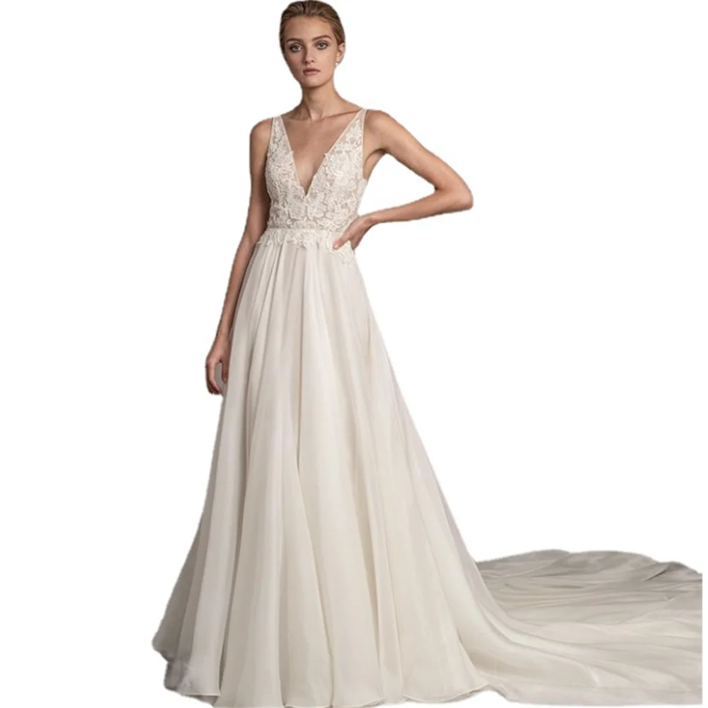 Abiti da sposa sexy in pizzo a V profondo Appliques in pizzo Fiori 3D con spalle scoperte Tulle Boho Abito da sposa 2024 nuovo personalizzato ﻿ A044