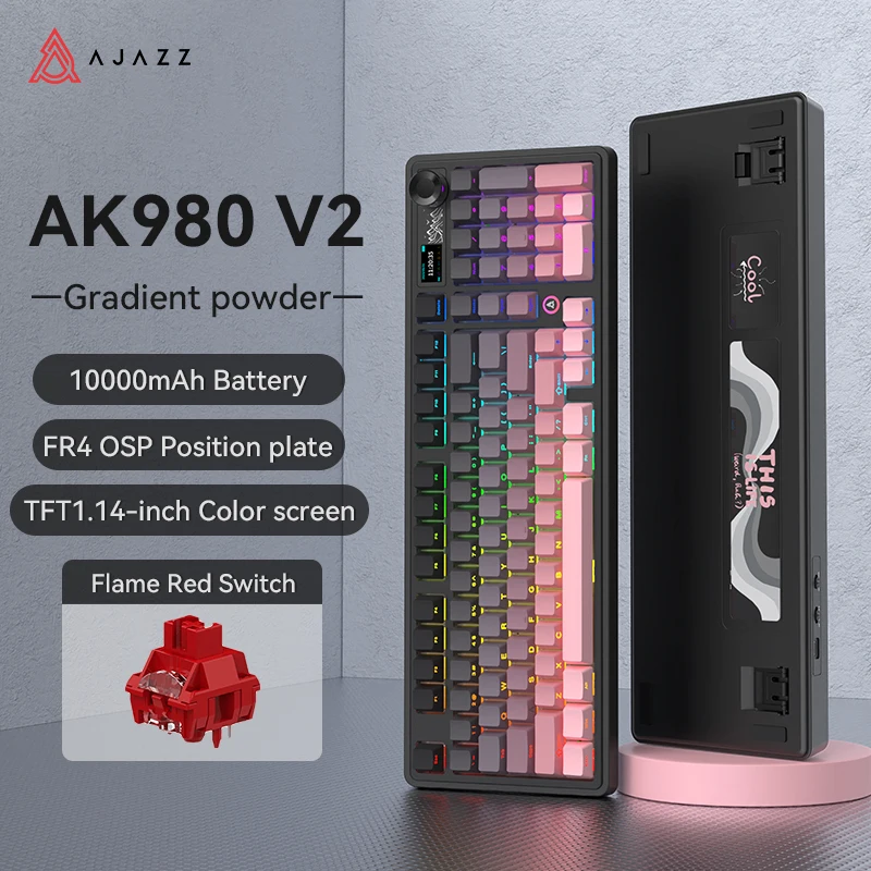 AJAZZ AK980 V2 Three-mode Wired Mechanical Keyboard Hot-swappable Gasket RGB Low-noise Ergonomic Office Gaming Keyboard