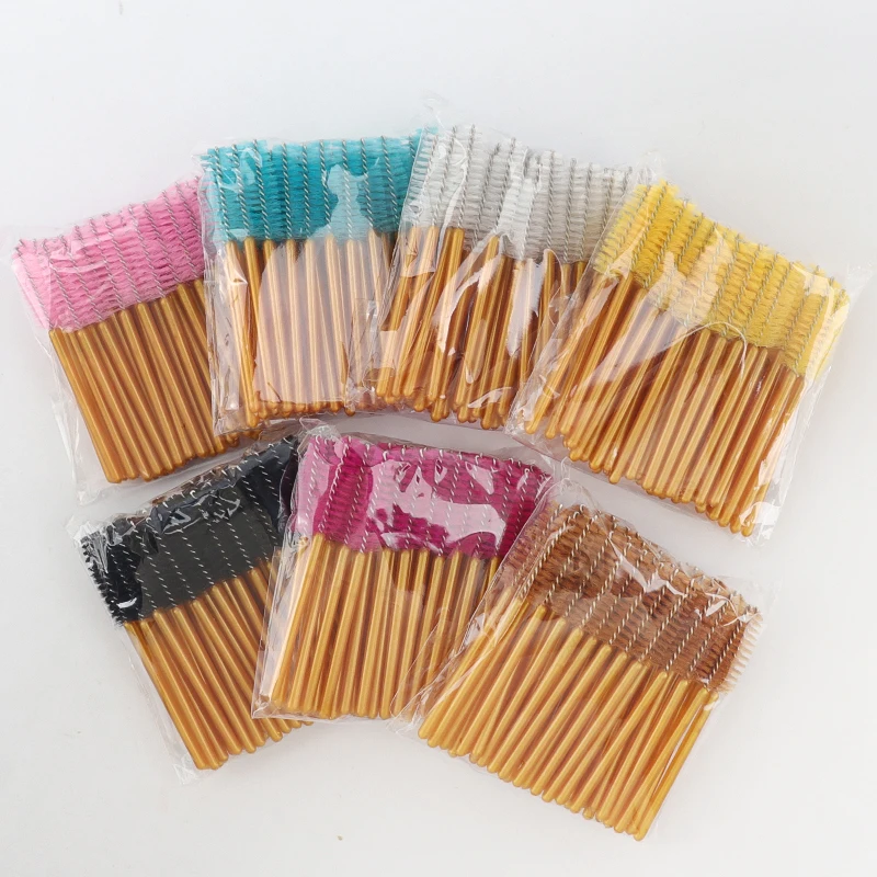Brosse de maquillage jetable pour cils, baguettes de Mascara, Mini brosses à cils dorées, peigne à sourcils court, outil d'extension de cils, 50 pièces