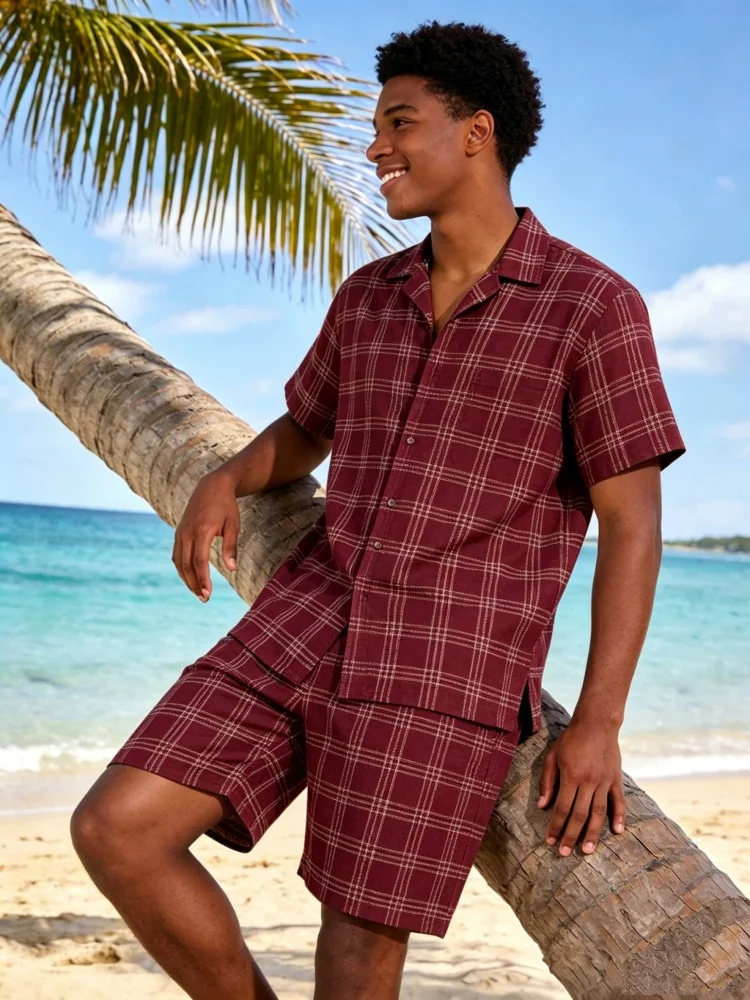 

Men's Short Sleeve Lapel Shirt & Shorts Set, Loose Comfort Plaid Print Casual Summer Outfit