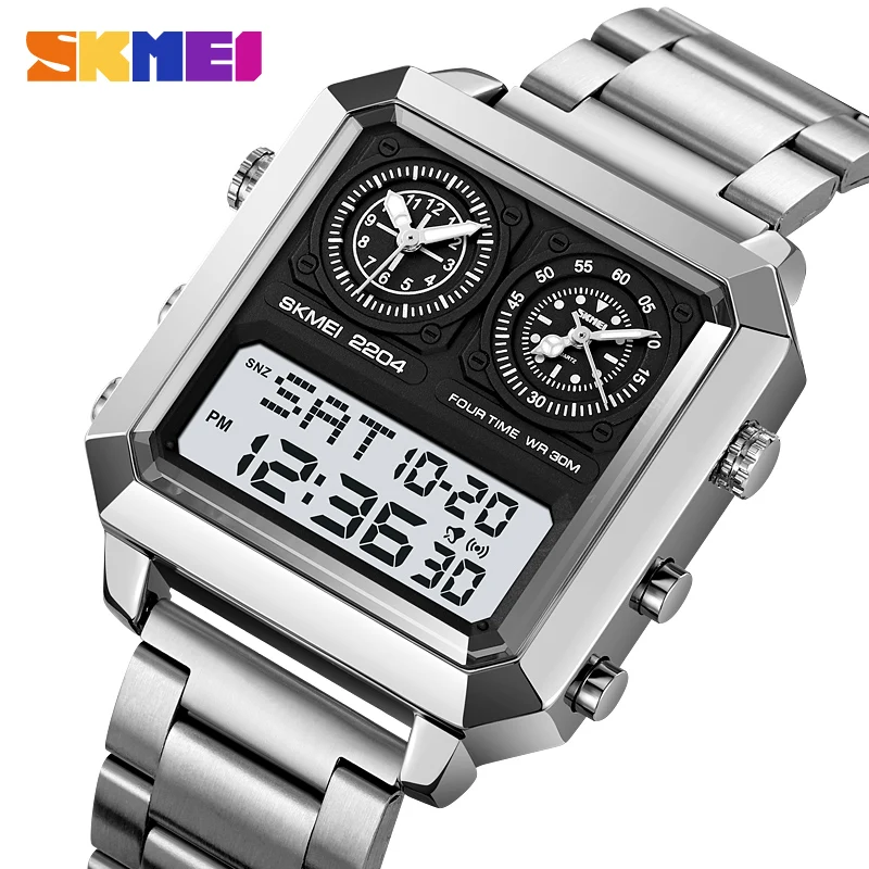 SKMEI Genuine Men's Electronic Watch Square Countdown Mary Gold Stainless Steel Strap 4 Time Timer Alarm Clock EL Luminous 2204