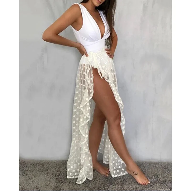 Combhasaki Donna Mesh Sheer Beach Holiday Ruffled Protezione solare Bikini Cover Up Wrap Cintura con fiocco annodato Gonna lunga Vacanze estive