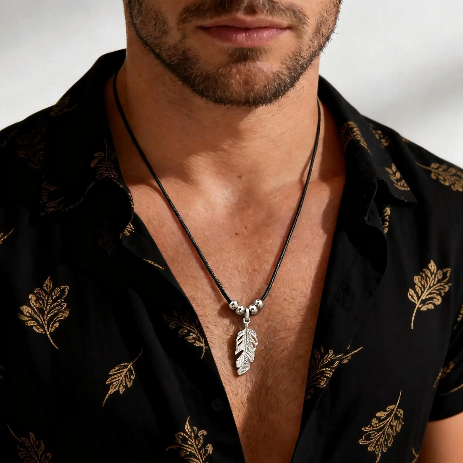Boho Feather Pendant Necklace for Men,Vintage Stainless Steel Leaf Leather Collars,Rock Punk Ethnic Jewelry Gift for Father Son