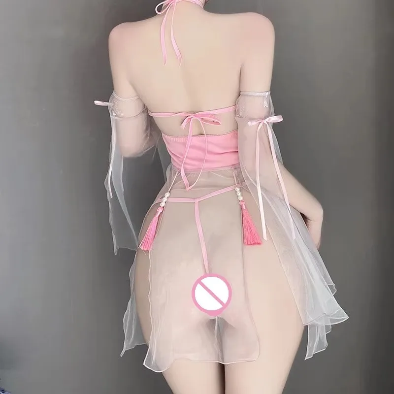 Pink Bride Wedding Cosplay Costume Open Bra See Through Bodysuit Peach Blossom Decoration Woman Sexy Lingerie
