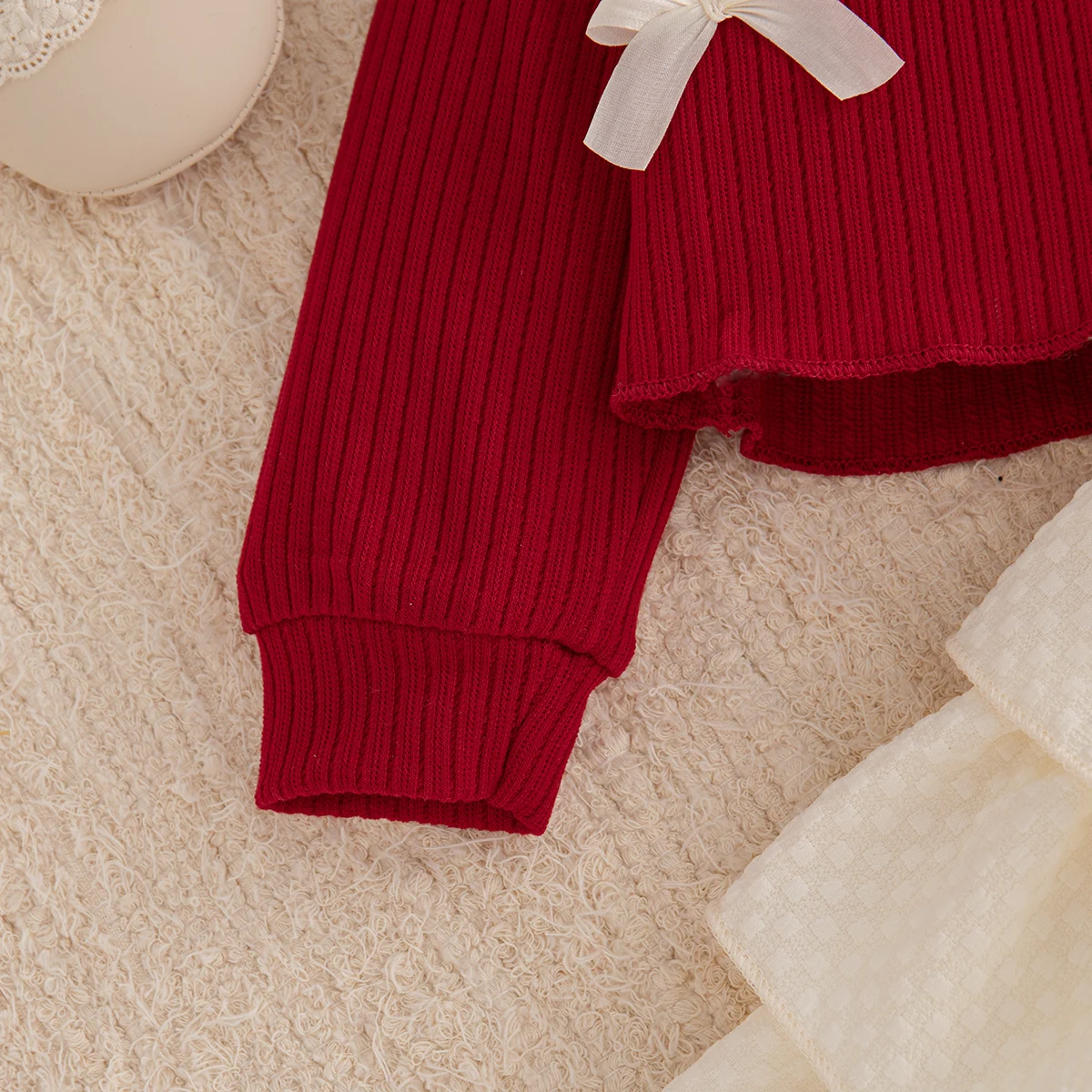 Baby-Mädchen-Kleidungsset: Rote Strickjacke mit Schleife und ärmellosem mehrlagigem Kleid, 2-teiliges Prinzessinnen-Outfit für Mädchen für die Weihnachtsfeier – Detail 19