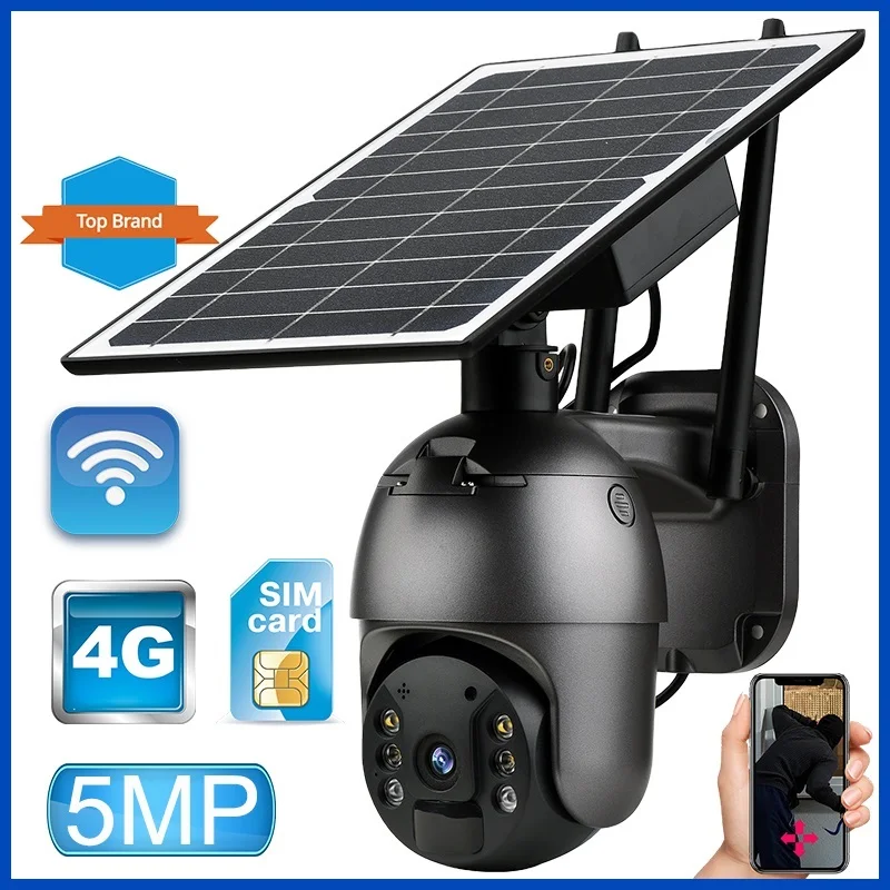 Top 3MP/5MP 4G SIM Card slot 360 8W Solar Camera PTZ Outdoor PIR Detection Night Vision CCTV battery powered Security WIFI IP