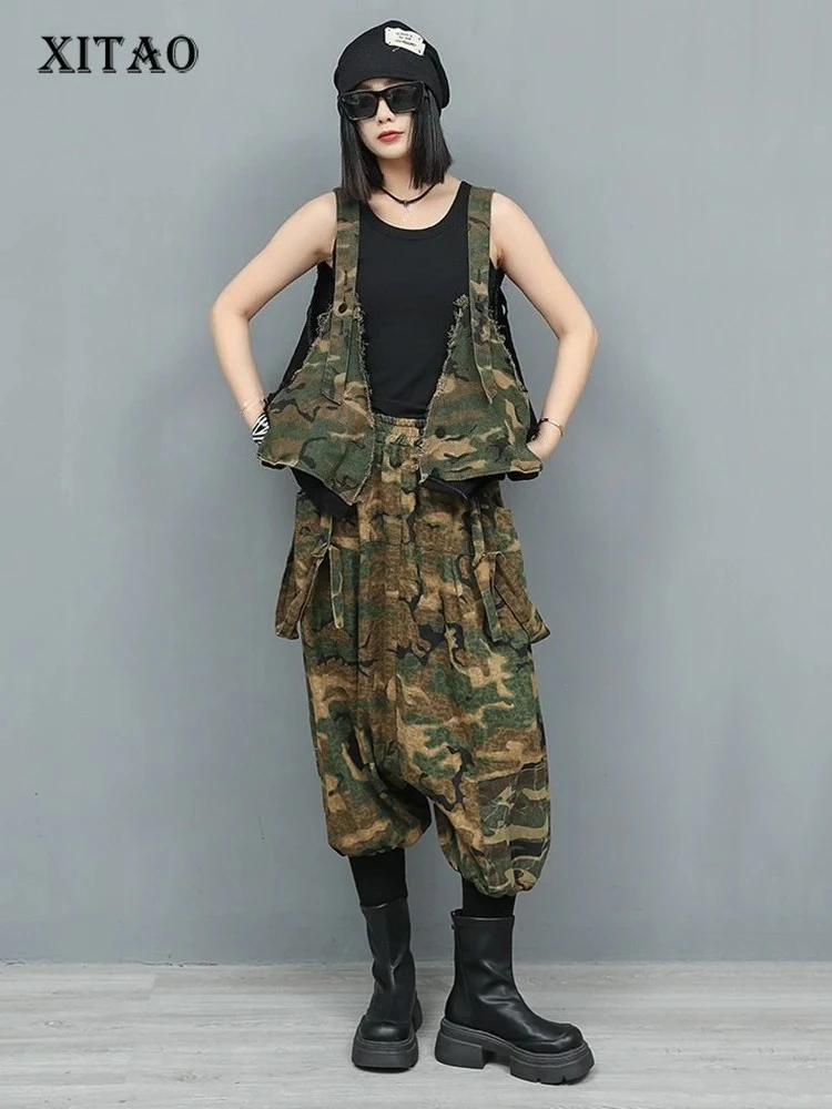 

XITAO Pocket Patchwork Denim Sets Sleeveless V-neck Elastic Waist Loose Casual Two-piece Personality Summer Woman Sets GYX1665