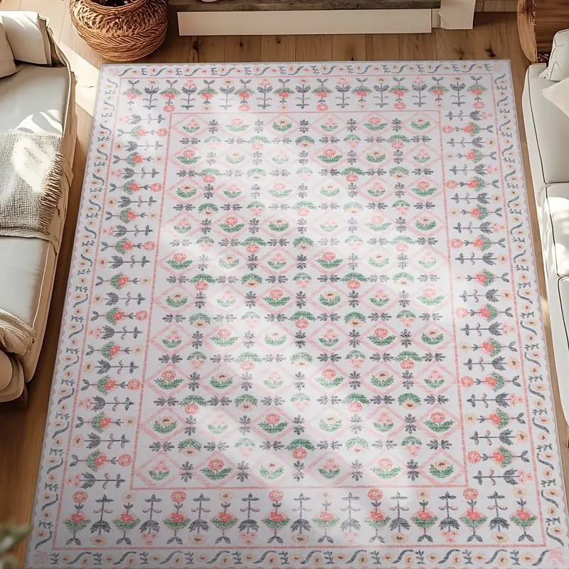 VIKAMA French Country Floral Checkered Rug Non-Slip Living Room Carpet Noise-Reducing Bedroom Rug Home Decor Aesthetic Vintage