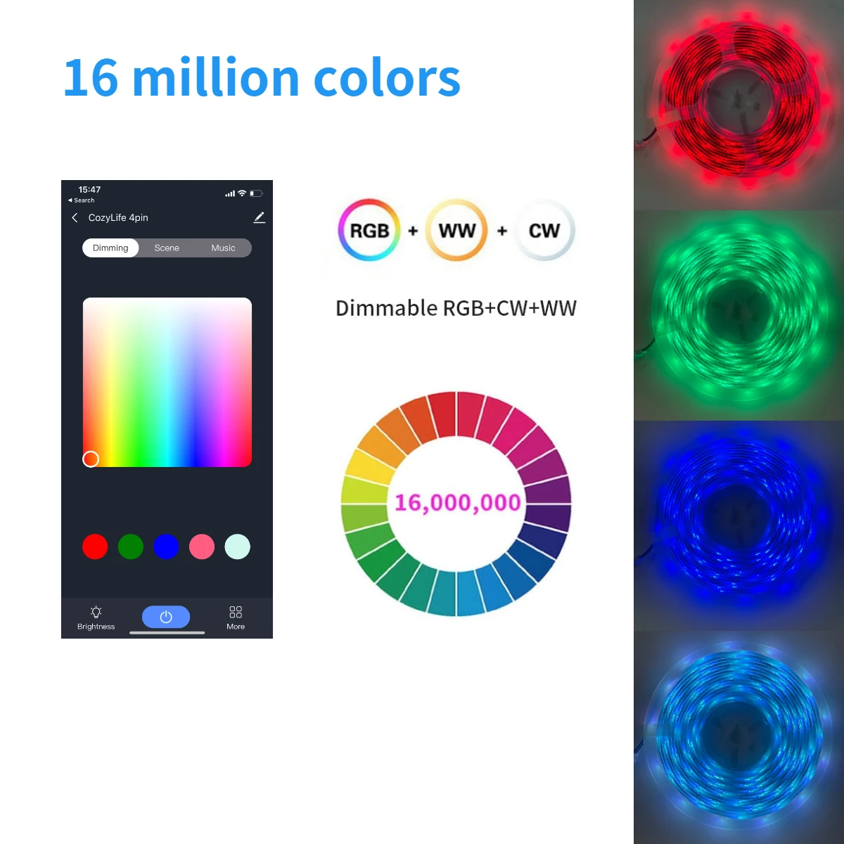 CozyLife – contrôleur intelligent 4 broches RGB + CW + WW pour bande lumineuse LED 2835/5050, commande réglable par application Bluetooth, commande vocale Google Alexa