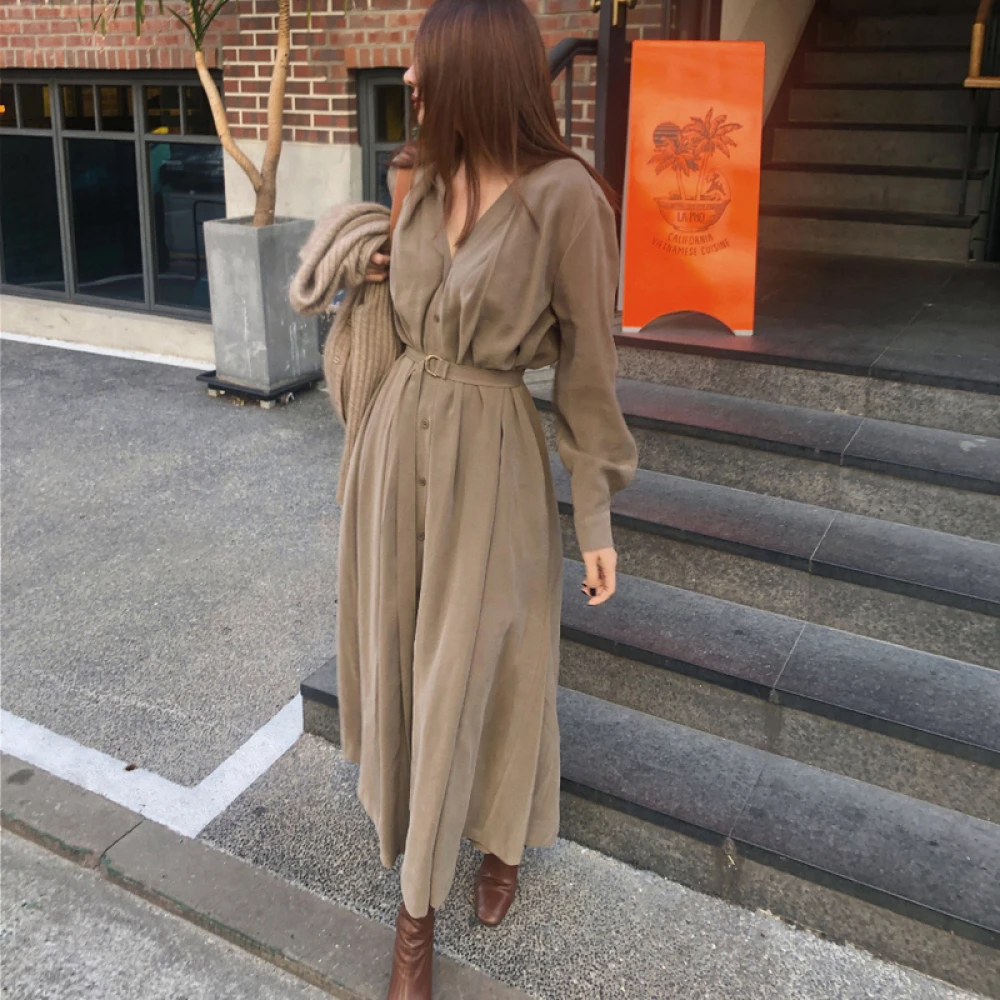 Spring Summer V Neck Folds Long Shirt Belt Dress for Women Long Sleeve High Waist A-line Midi Dresses Female