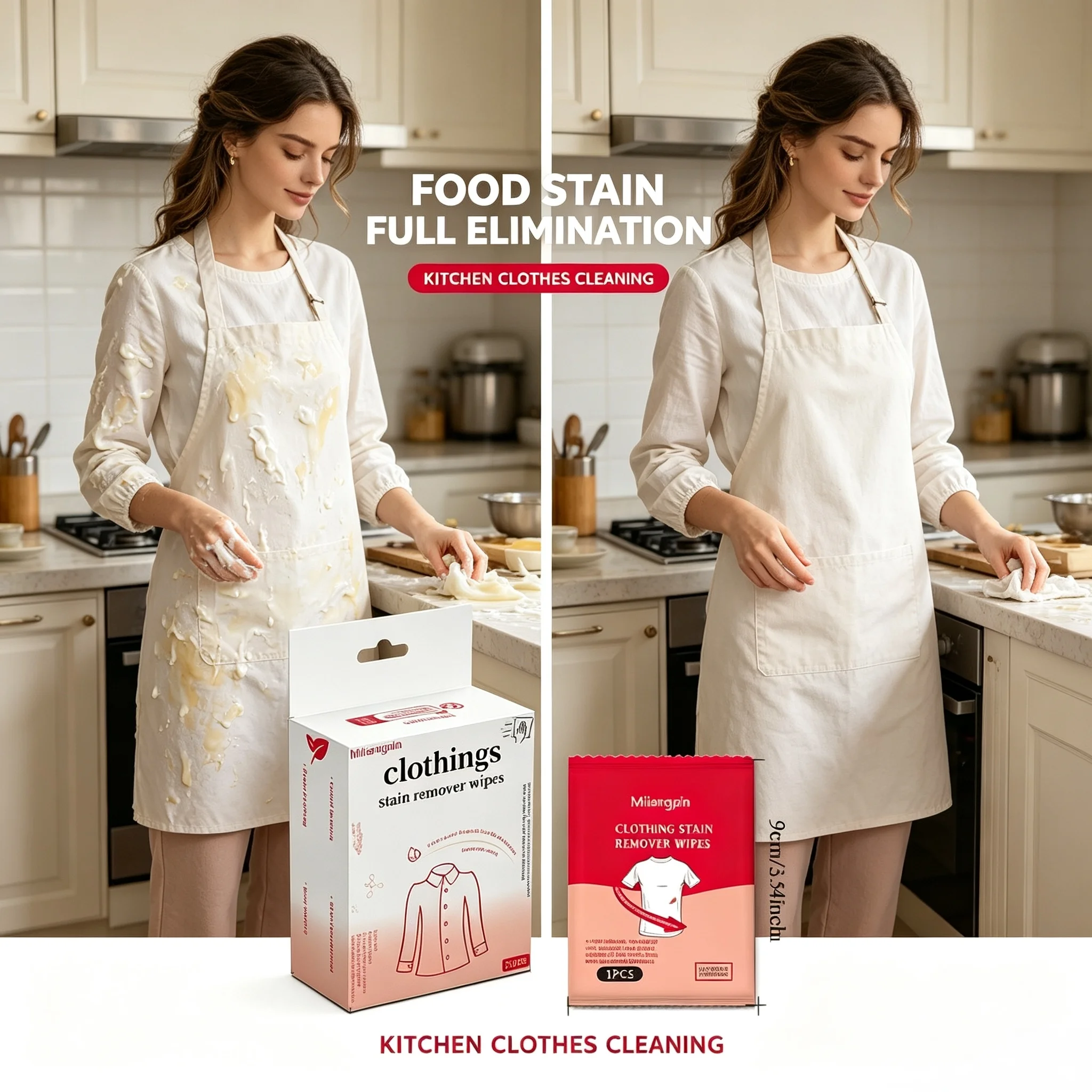 Portable clothing stain remover wipes; individually wrapped; quick removal of oil and coffee stains on the go; no-rinse cleaning
