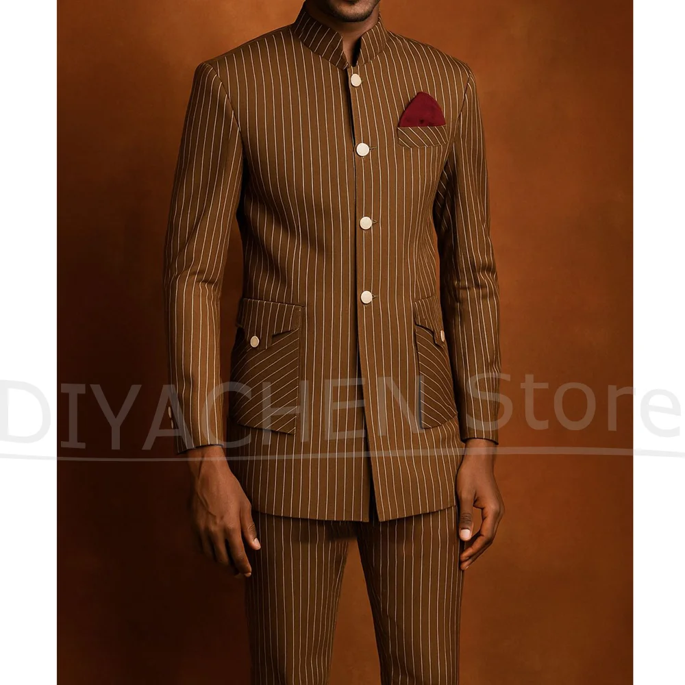 

Men's Brown Pinstripe Suit Set Stylish Mandarin Collar Single Breasted Outfits Two Piece Smart Casual Tailored Male Suit