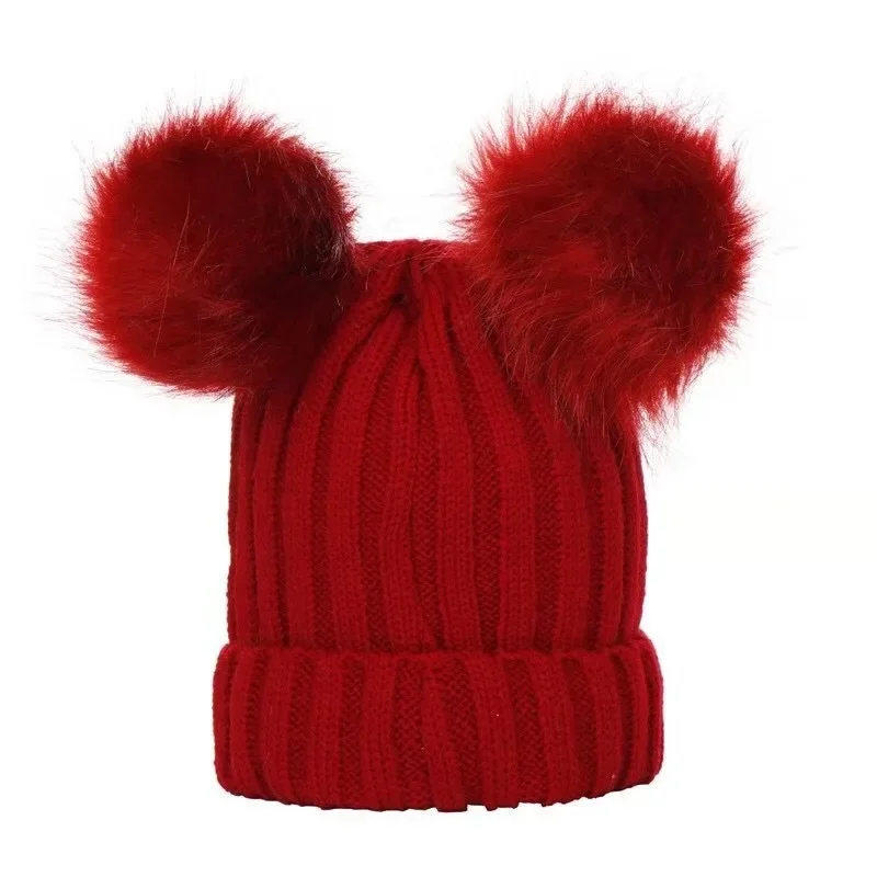 children\'s winter toddler baby kids faux fur hat cap beanie with 2 two double pom poms pompom ears  funny hat for boys and girls