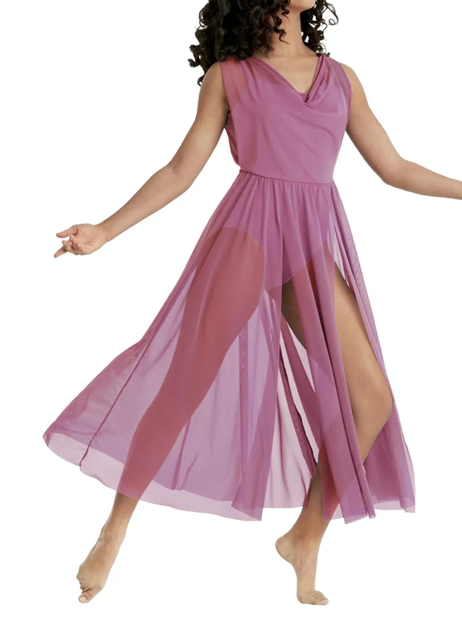 High Quality Floor Length Lyrical Dress Leotard with Front Side Split Contemporary Competition Dance Costume for Girls Women