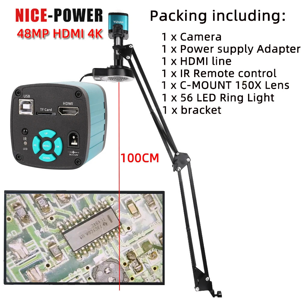 

48MP USB 60FPS Digital CCD HDMI Video Microscope Camera Sets 150X Lens+LED Ring Light Electronic Soldering Repair Tools