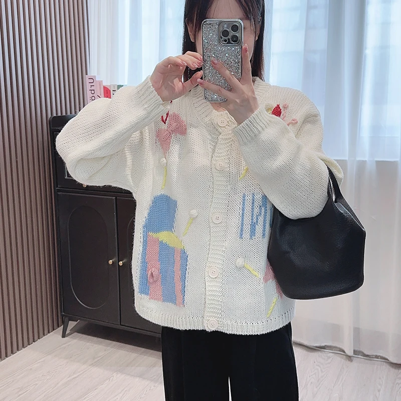 

2024 Autumn/Winter New Handmade Three Dimensional Flowers Gentle Soft Sticky Loose Lazy Knitted Cardigan Sweater Coat Women