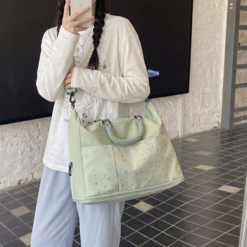 Women's Star Print Canvas Travel Duffel Bag with Colorful Handle, Casual Style for Weekend Trips, Gym, and Outdoor Activities