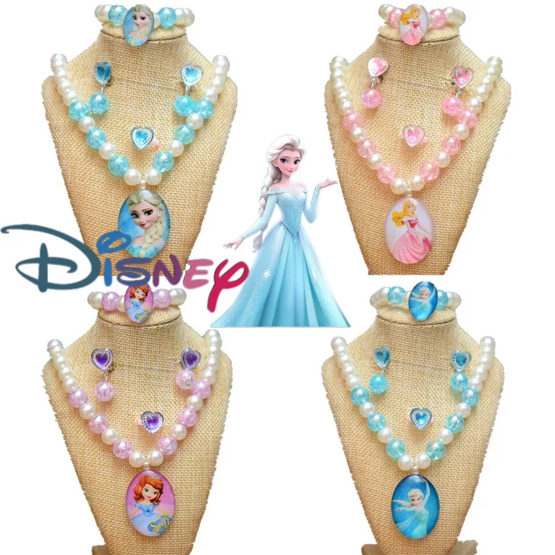 5pcs/set Disney Frozen Children's Necklace Elsa Bracelet Earring Ring Princess Jewelry Party Cosplay for Girls Birthday Gifts