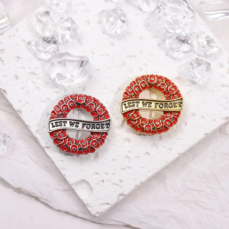 Lest We Forget Enamel Pins Custom Romantic Red Flower Wreath Metal Brooch Backpack Lapel Badge Fashion Decoration Jewelry Gifts