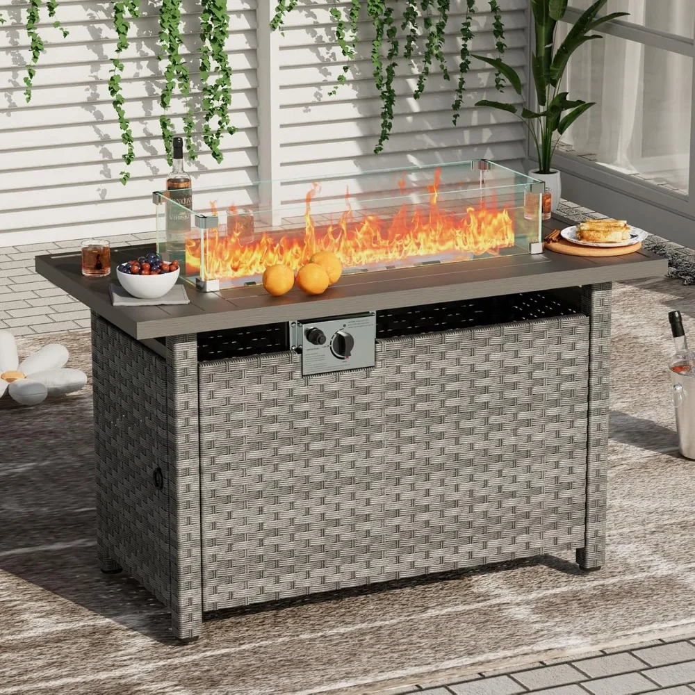 

Outdoor Propane Fire Pit Table, 44-inch Square with 60,000 BTU Auto-Ignition, Wind Guard, and Large Wicker Design