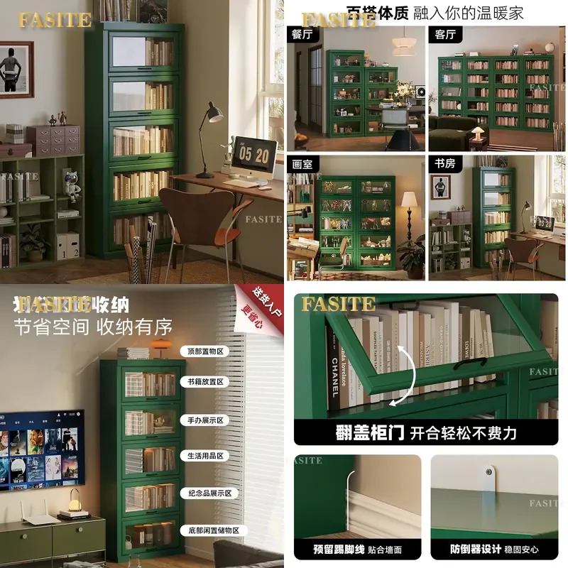 For American Solid Wood Bookcase Floor to Ceiling Glass Door Display Cabinet Dust Proof Storage Locker for Living Room Kids
