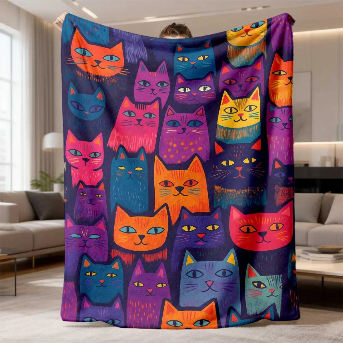 Dark Purple Base Bright Color Abstract Cat Face Full Seamless Print Fluffy Throw Blanket, Warm Soft Couch Bed Pet Home Decor
