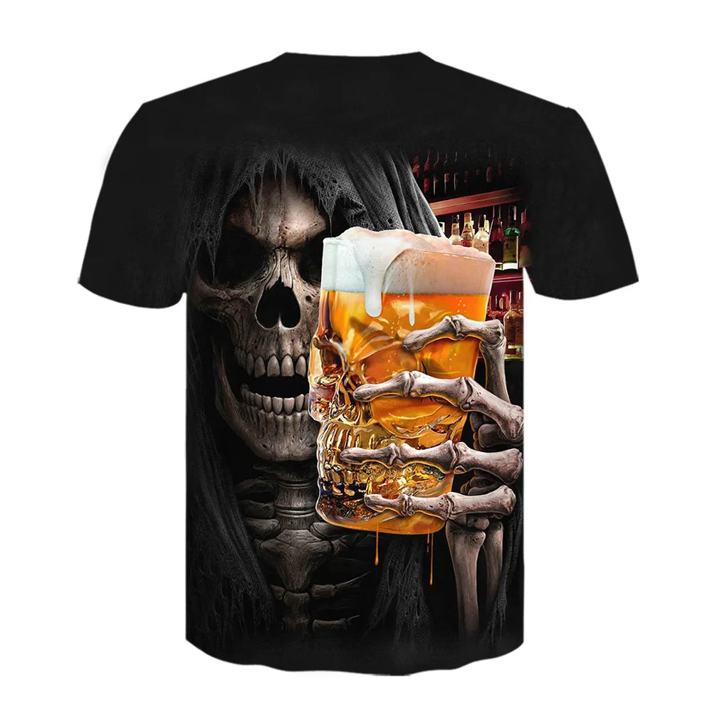 3D digital printed beer Skull Funny Halloween T-shirt Summer men's loose plus size short sleeve T-shirt