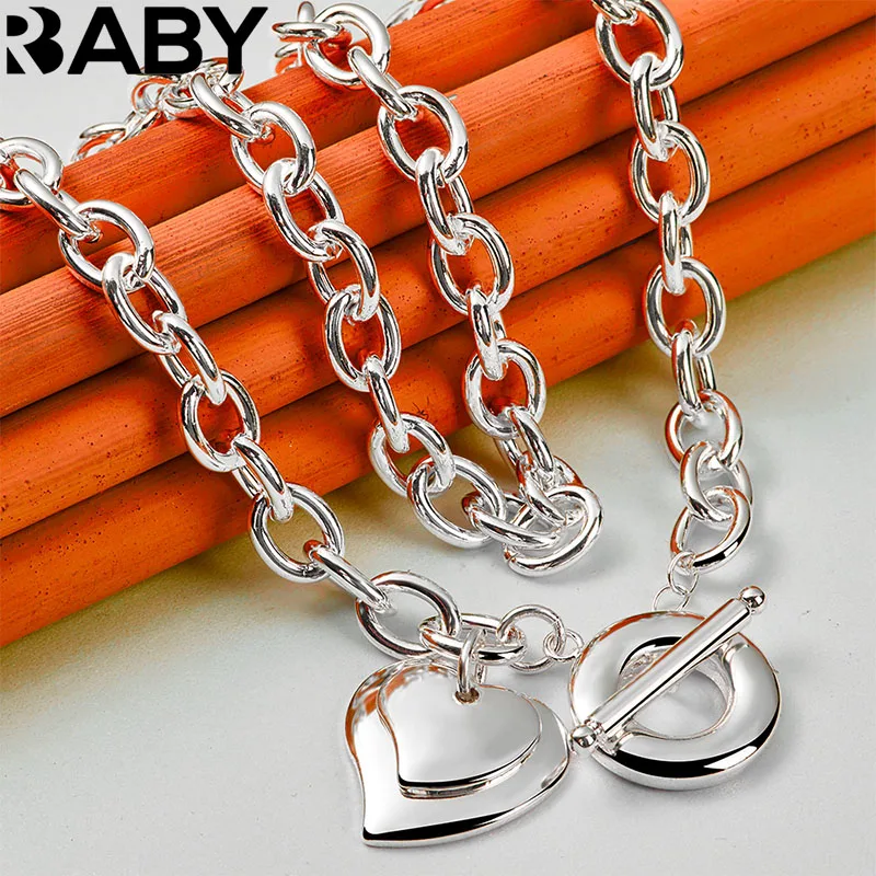 

URBABY 925 Sterling Silver OT Buckle 18 Inch Chain Double Heart Pendant Necklace For Women Men Wedding Party Fashion Jewelry