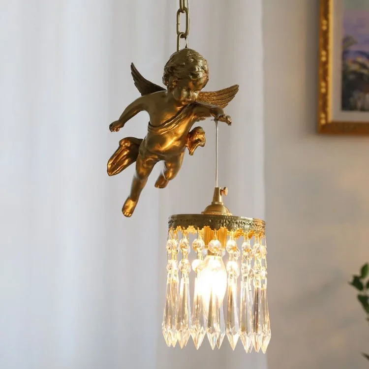 

French Retro All-Copper Angel Chandelier with Crystal - All-Copper Lighting for Dining, Bar, Bedroom, Entry & Living Room