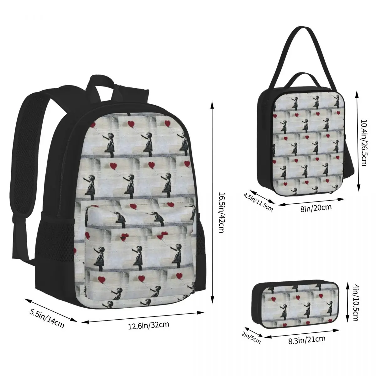 Banksy Girl With A Red Balloon Backpacks Boys Girls Bookbag Students School Bags Kids Rucksack Lunch Bag Pen Bag Three-Piece Set