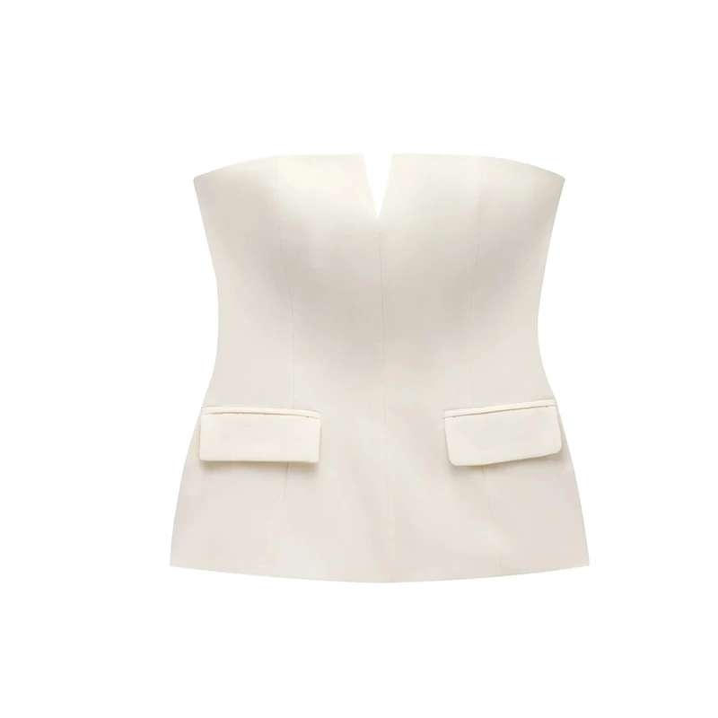 Willshela Women Fashion With Pockets Solid Bustier Backless Side Zipper Corset Tops Vintage Strapless Female Chic Lady Top