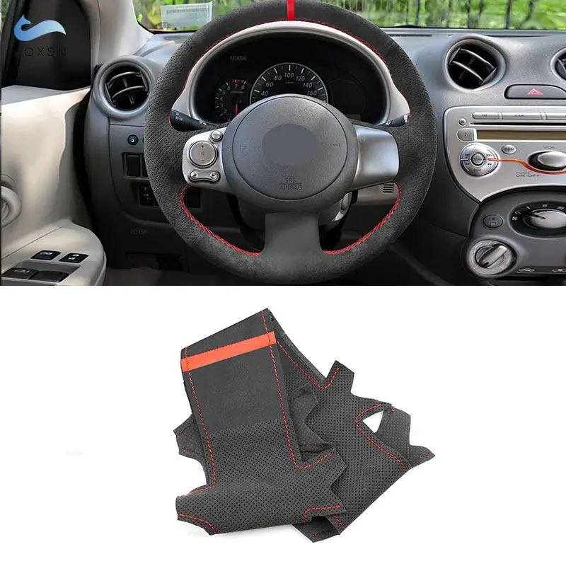 For Nissan Versa 2011-2013 Sunny 2012-2014 March 2010-2015 Car Steering Wheel Suede Perforated Leather Cover with Threads Strip