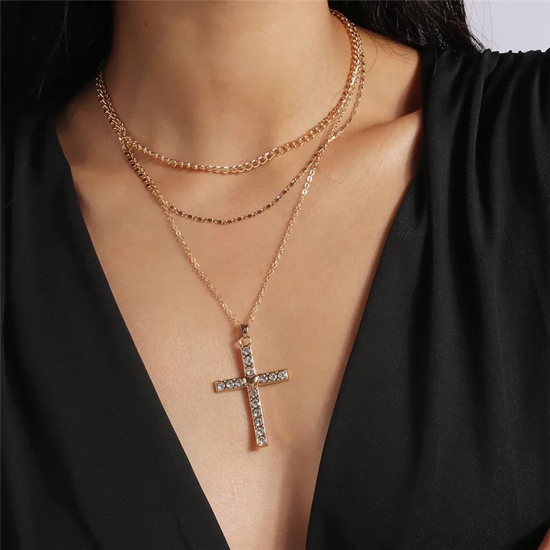Vintage Kreuz Anhänger Halskette für Frauen Gold Silber Farbe Mehrschichtige Ovale Perlen Kette Halskette Minimalismus Weiblichen Schmuck – Detail 10