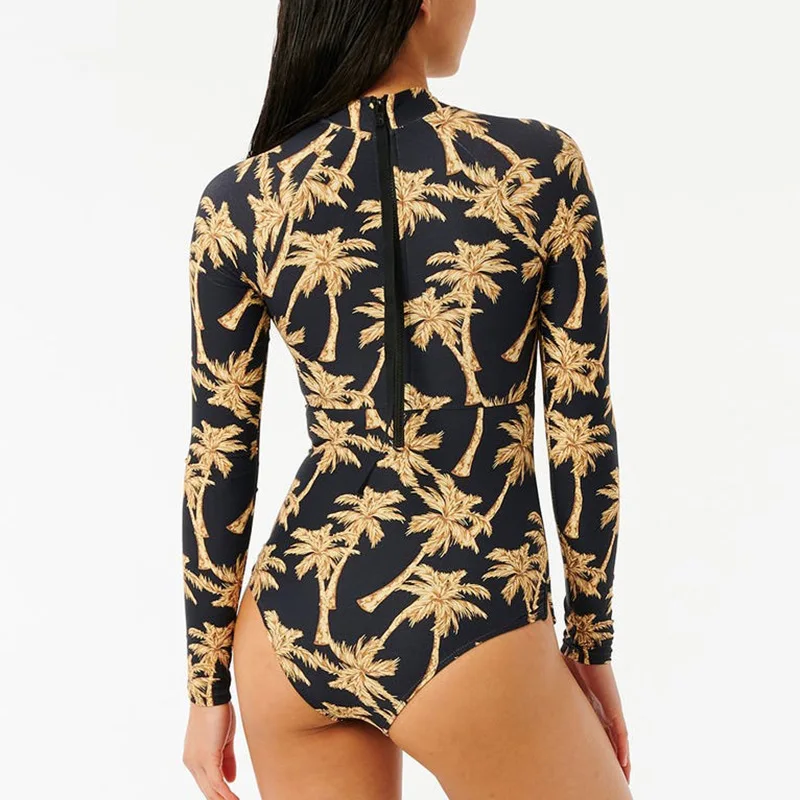 Traje de baño de una pieza de manga larga para mujer, traje de baño deportivo Floral de talla grande para surfear, Monokini para playa 2024