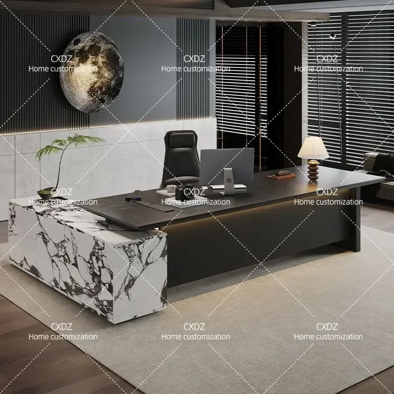 Black Minimalist Solid Wood Executive Desk with Integrated Tea Table Modern Light Luxury Office Furniture for Manager