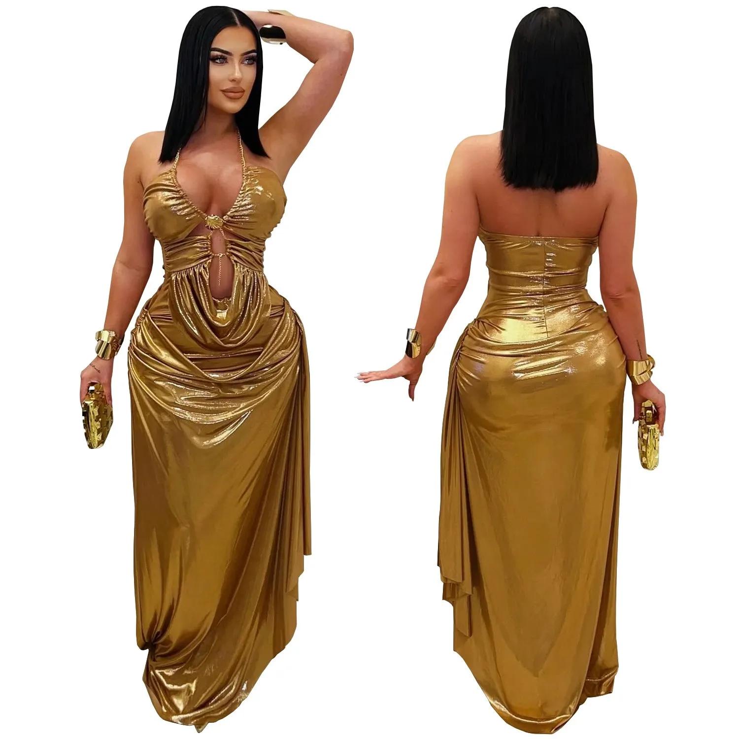 Wedding Guest Dress Evening Halter Neck Sleeveless Dress Metallic Gold Ruched Waist Maxi Dress Draped Skirt Prom Elegant Party