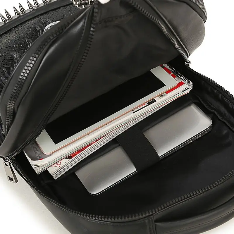 Men Women Thick Leather Backpack Wolf Embossed 3D Punk Rock Gothic Backpack Rivets Travel Rucksack School Book Shoulder Bag