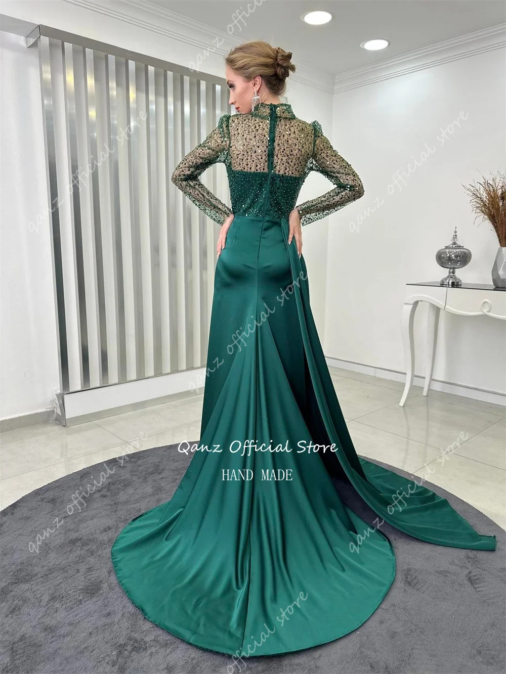 Qanz Emerald Green Evening Dresses Sequined Satin Dresses Women 2024 Long Sleeves Mermaid Leg Slit Prom Dresses Customized